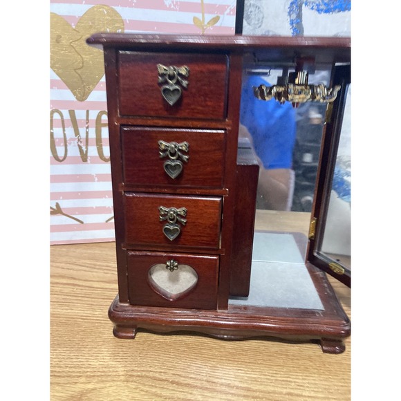 Vintage Wooden Armoire Jewelry Box Chest Necklace Carousel Etched Flowers - Picture 7 of 16